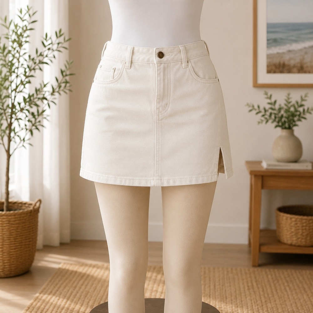 Luvamia White Denim Mini Skirt Front Slit Five Pocket Casual Twill Skirt 00723